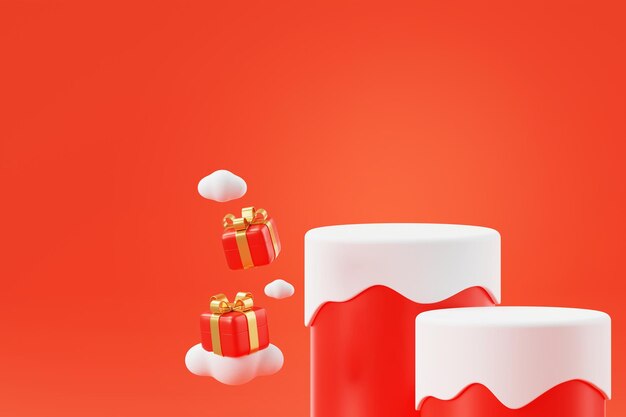 Free photo red cylinder stand podium with christmas gift box and cloud product display scene pedestal platform geometric abstract background empty backdrop studio for product placement 3d rendering