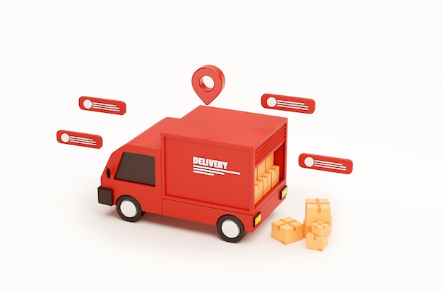 Красная машина доставки доставляет экспресс и пин-указатель, отмечая местоположение и картонные коробки с концепцией логистики доставки сообщений в чате на белом фоне 3d рендеринг иллюстрации
