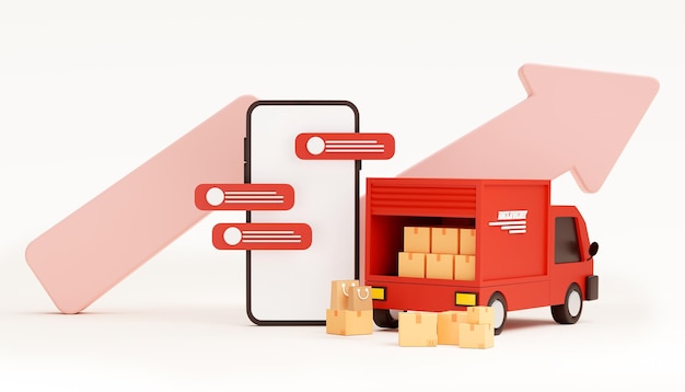 Красная машина доставки доставляет экспресс-доставку Быстрая доставка со стрелкой графического фона 3d-рендеринга