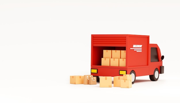 Красная машина доставки доставляет экспресс с картонными коробками, мультяшная концепция доставки и транспортировки на белом фоне баннера веб-сайта 3d-рендеринг