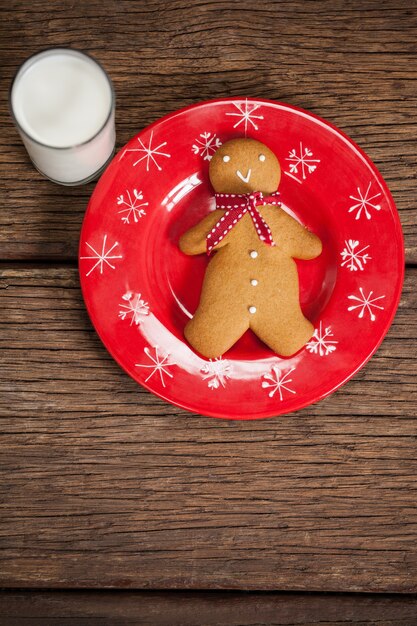 Red dish with biscuits with man shape and a glass of milk