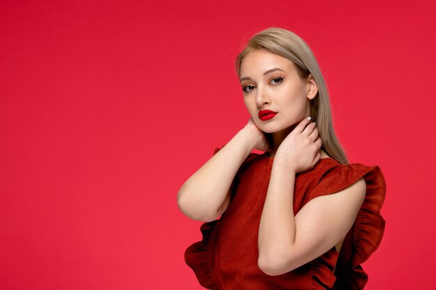 Red dress cute classy elegant girl in burgundy dress with red lipstick