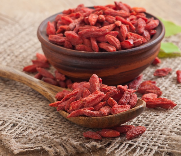 Red dried goji berries in wooden spoon