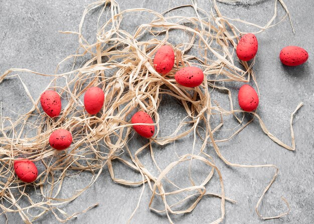 Red easter eggs top view