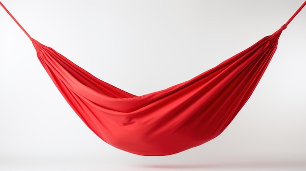 Red fabric hammock swinging against a white background