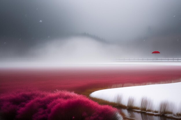 A red field in the fog with the word red on it