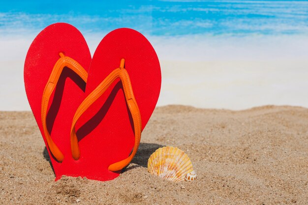 Red flip flops and seashell on sandy surface