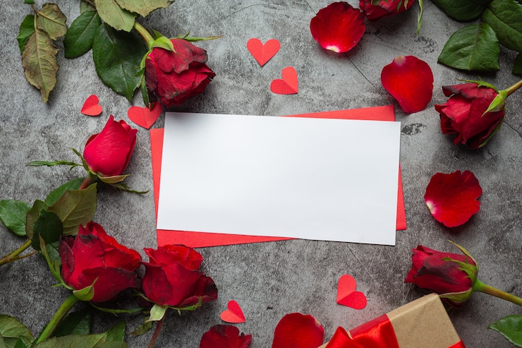 Free Photo red flowers of rose and envelop on dark background