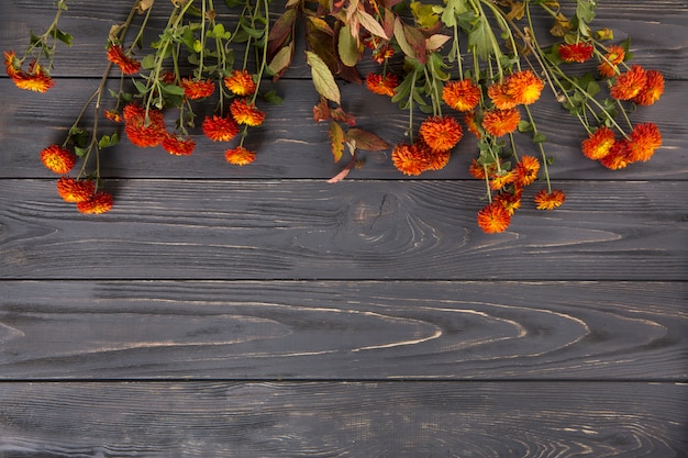 Free photo red flowers scattered on wooden table