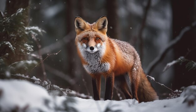 Рыжая лиса, сидящая в снегу, выглядит мило, созданной искусственным интеллектом