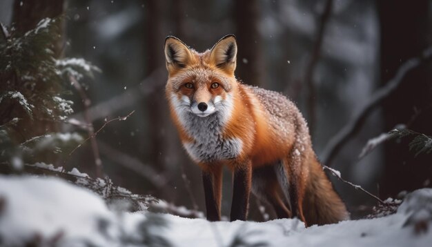 雪の中に座ってかわいい生成AIを探しているアカギツネ