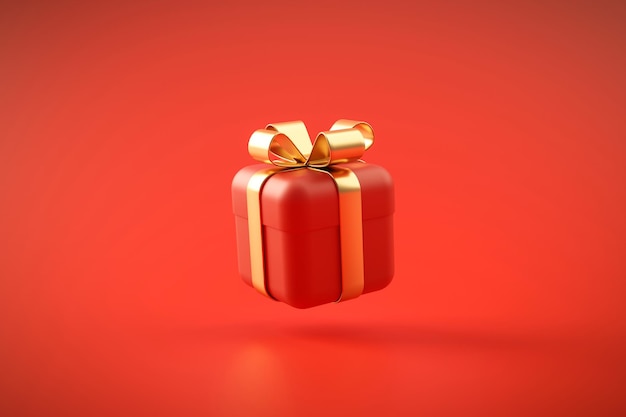 バレンタインやクリスマスや記念日のお祝いのサプライズ背景3Dレンダリングのための赤いギフトボックスゴールドリボン