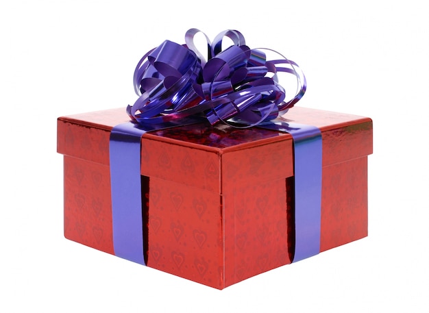 Red gift box with blue ribbon bow 