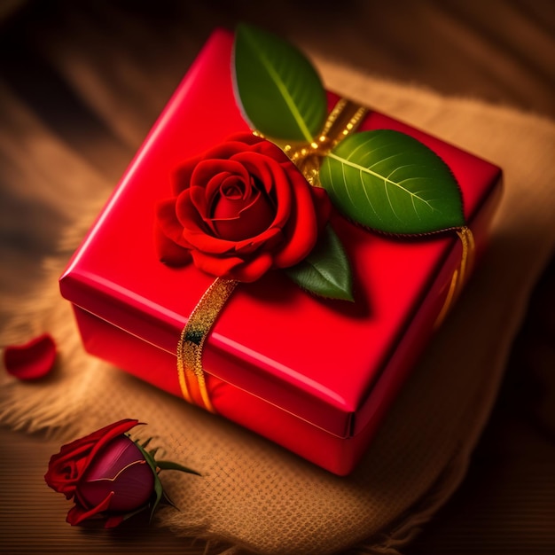 Free photo a red gift box with a rose on it and a rose on the top.