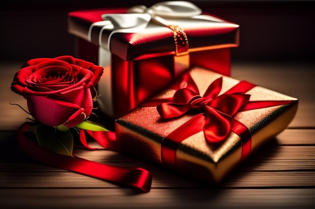 Free photo red gift boxes with a red ribbon and a rose on the top.