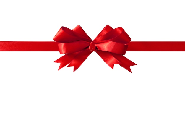 Red gift ribbon bow straight horizontal isolated on white.
