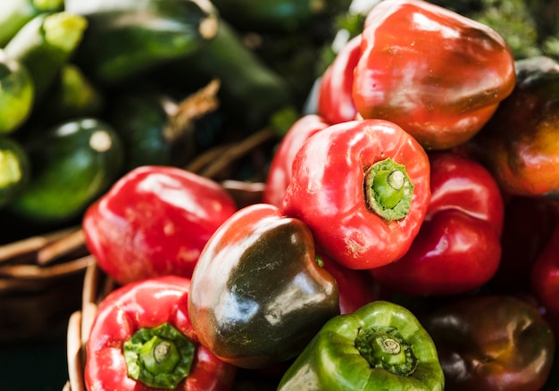 Red and green bellpepper for sale at vegetable market