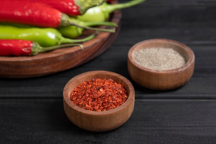 Free Photo red and green hot chili peppers placed in a wooden bowl with spices . high quality photo