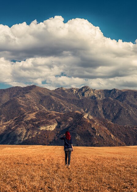 Red-haired girl in the golden fields with the rocky mountains in the background