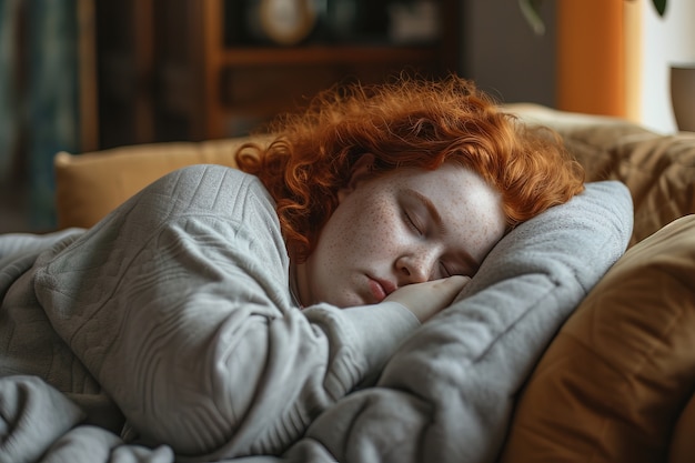 屋内で眠っている赤の若い女性