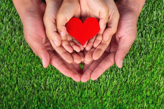 Red heart shape in family member's hands holding