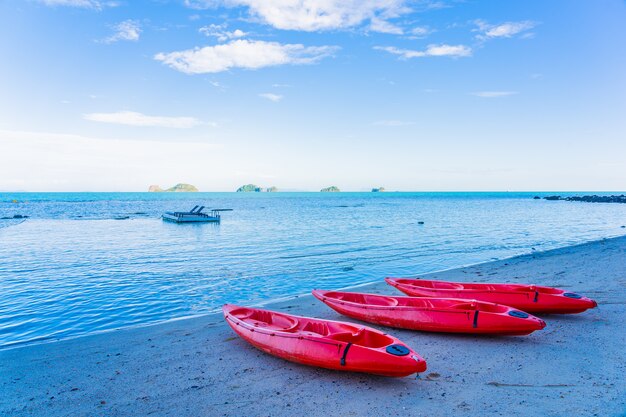 熱帯のビーチの海と海に赤いカヤック