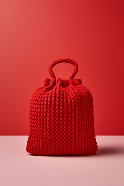 Red knitted bag still life