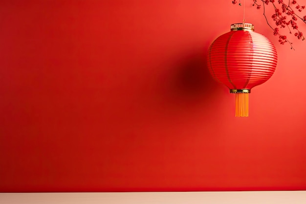 red lantern on red background with copy space Chinese new year decoration