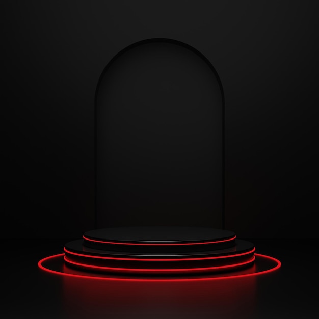 赤い光の丸い表彰台とモックアップ用の黒い背景