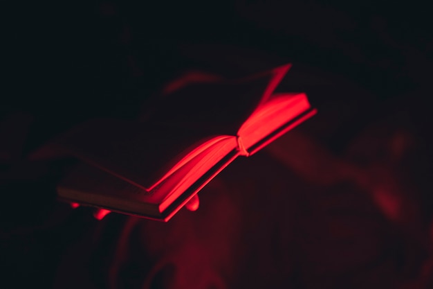 Foto gratuita luce rossa che guarda sopra un libro aperto