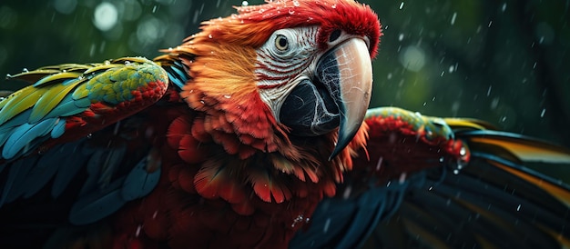 Бесплатное фото Красный попугай ара под дождем животное в тропическом лесу