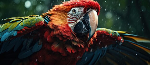 雨の中の赤いコンゴウインコのオウム 熱帯雨林の動物