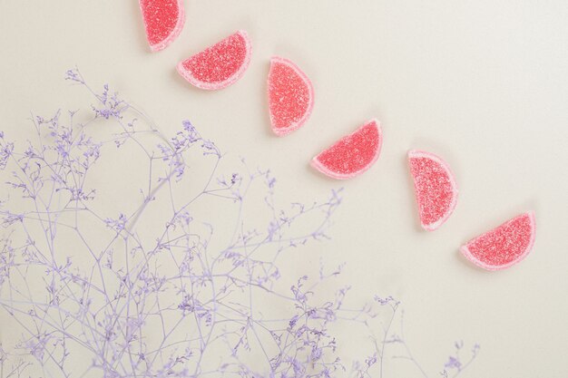 Red marmalade candies on surface with plant