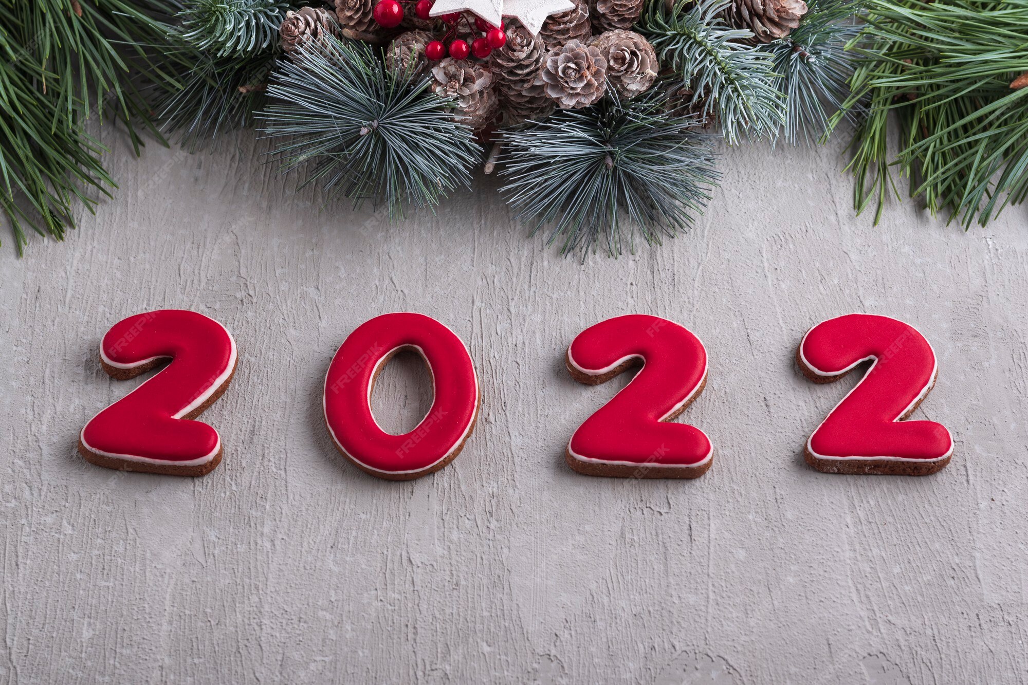 Free Merry Christmas Wreaths Wallpaper 2022 Premium Photo | Red Number 2022 From Gingerbread And Christmas Wreath. Good  New Year Spirit. Light Gray Wall On Background.