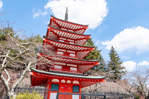 red pagoda at kawaguchiko lake, Japan