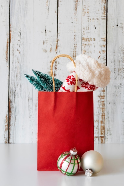 Red paper bag with ornaments