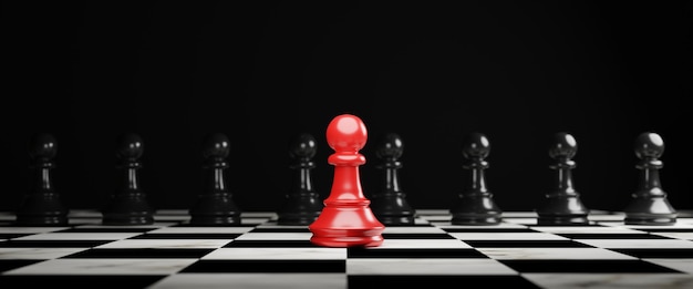 Red pawn chess stepped out of line to leading black chess and show different thinking ideas Business technology change and disruption for new normal concept