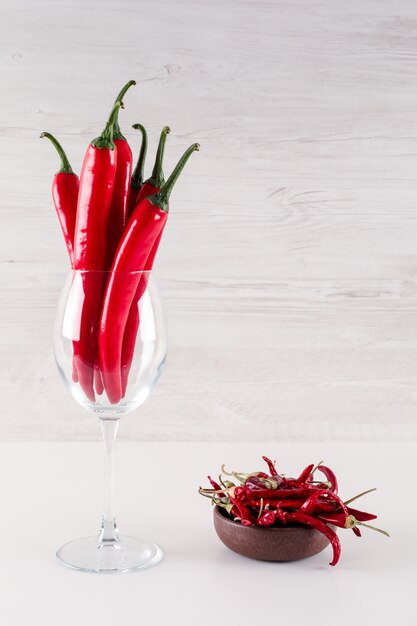 red peppers in the glass hot red chili in ceramic bowl