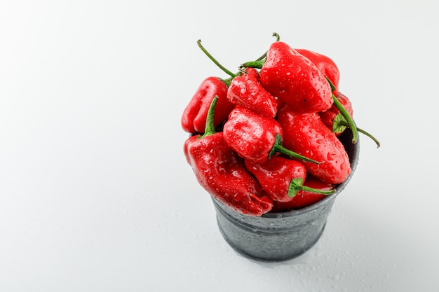 Red peppers in a mini bucket high angle view on a white wall