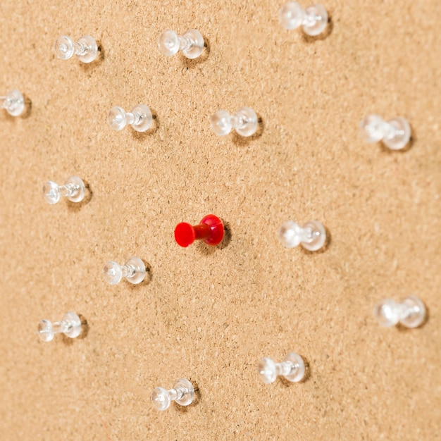 Red pin surrounded by white pins on wooden board