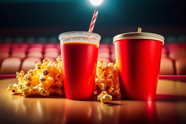 Foto gratuita una tazza di plastica rossa di popcorn e una tazza di plastica rossa di popcorn