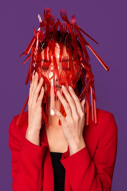 Red plastic tableware on asian woman's face