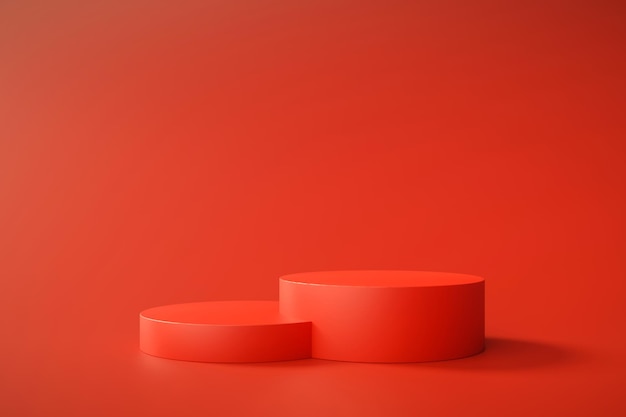 赤い表彰台の台座のモダンなスタンド製品は、抽象的な背景の3Dレンダリングを表示します
