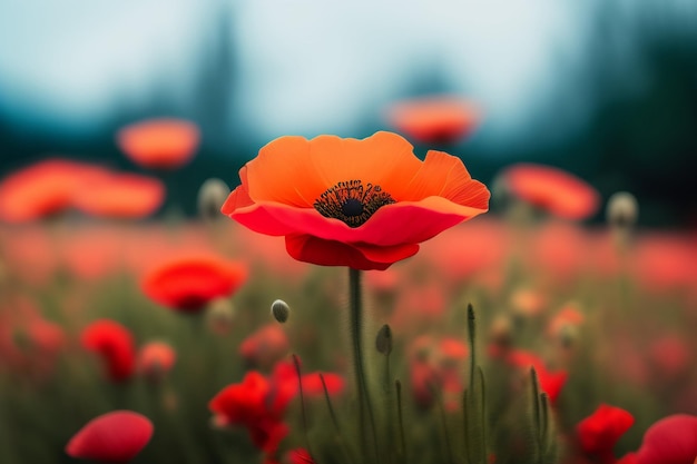 A red poppy in a field of red flowers