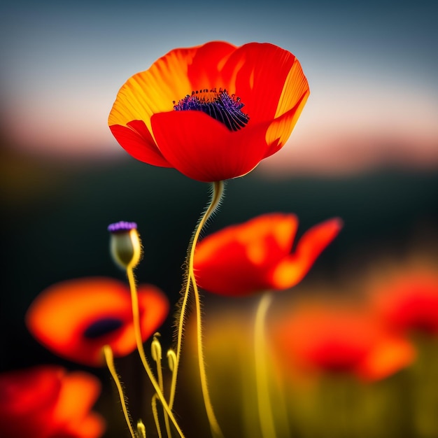 A red poppy is in the foreground of a field of flowers.