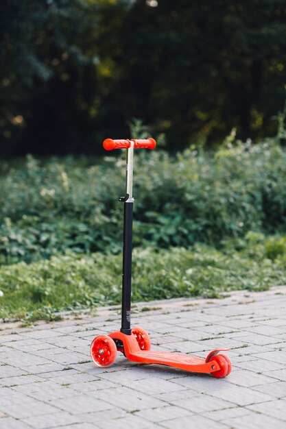 Red push scooter on walkway in the park