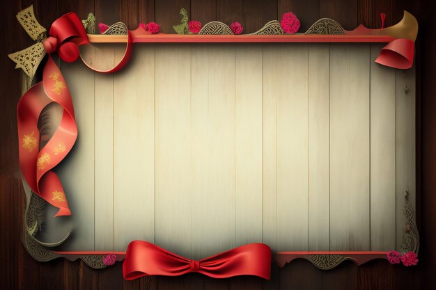 A red ribbon and a frame with a bow