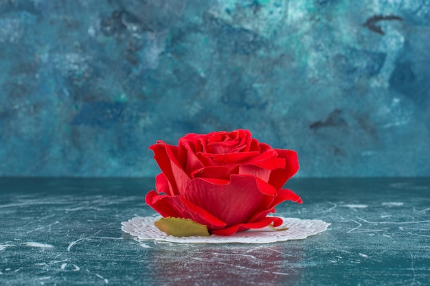 Red rose on a coaster , on the blue background.
