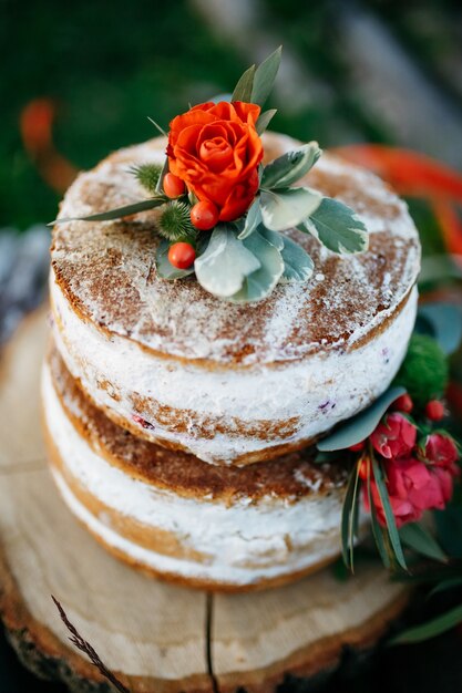 Red rose and green leaves put over the tasty sponge cake