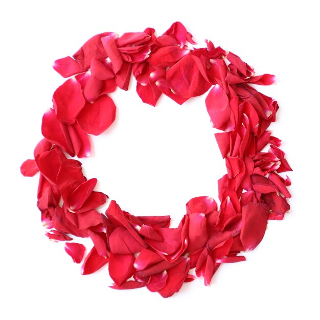 Red Rose Petals Wreath Ring on White Background for Anniversary, Birthday